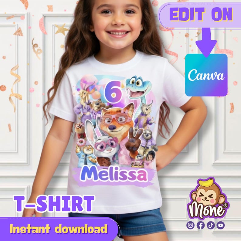 Puede incluir: Camiseta blanca con un gr&aacute;fico colorido de personajes animados, el n&uacute;mero 6 y el nombre "Melissa" en morado. La camiseta tambi&eacute;n tiene el texto "T-SHIRT" y "Descarga instant&aacute;nea" en una pancarta morada.