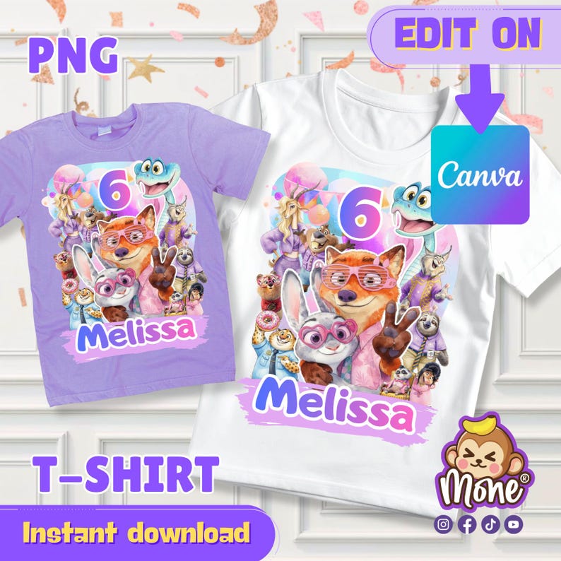 Puede incluir: Dos camisetas, una lila y otra blanca, con un dise&ntilde;o gr&aacute;fico colorido. El dise&ntilde;o incluye personajes de dibujos animados, el n&uacute;mero 6 y el nombre "Melissa". Tambi&eacute;n se ve el texto "T-SHIRT" y "Instant download".