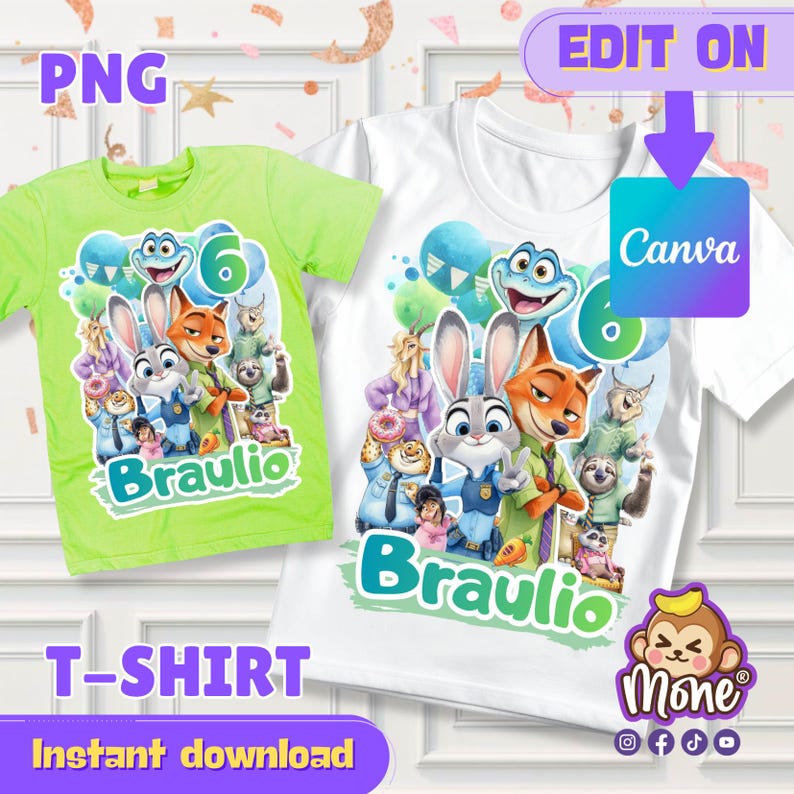 K&ouml;nnte beinhalten: Zwei T-Shirts, eines in Hellgr&uuml;n und eines in Wei&szlig;, mit einem Cartoon-Design mit dem Text "Braulio" und der Zahl "6". Das Design enth&auml;lt Cartoon-Figuren. Die W&ouml;rter "T-SHIRT" und "Sofort-Download" sind ebenfalls sichtbar.
