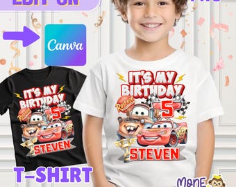 Lightning McQueen Birthday Shirt, Cars Theme Party, Editable Canva Design (Digital Download)