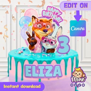 May include: A birthday cake with blue and pink icing, decorated with cartoon characters, the number 3, and the name "ELIZA". The cake has a "Happy Birthday" topper and the words "Instant download" and "Edit on Canva".