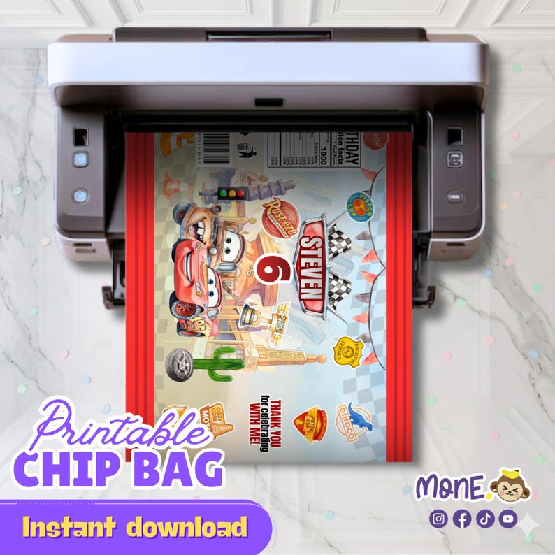 May include: A printable chip bag design featuring the text "Printable Chip Bag" and "Instant download". The design includes Cars movie characters, the number 6, and the name "STEVEN". The bag has a red border.