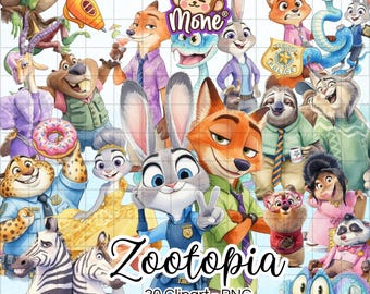 Zootopia 2 Aquarell Clipart, Cartoon Tiere PNG Bundle (digitaler Download)