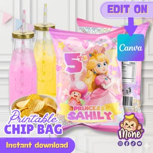 May include: A pink chip bag with a princess graphic, the number 5, and the text "Princess Sahily." The image also includes two glass bottles with straws, a bowl of chips, and the text "Printable Chip Bag" and "Instant download."