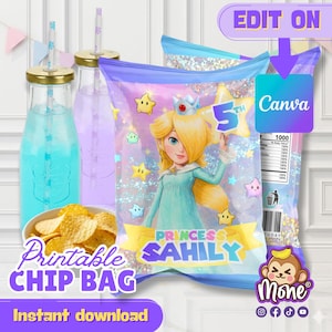 May include: A party-themed image featuring a chip bag with a princess illustration, stars, and the text "Princess Sahily". The bag is part of a printable chip bag set. The image also includes drinks in glass bottles and a bowl of chips.