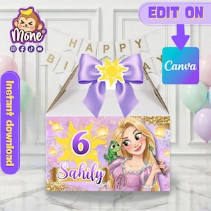 Puede incluir: Una caja de regalo de cumpleaños con un lazo morado y un diseño de sol amarillo. La caja está decorada con una imagen de dibujos animados de una princesa, el número 6 y el nombre "Sahily". Las palabras "Happy Birthday" son visibles en el fondo.