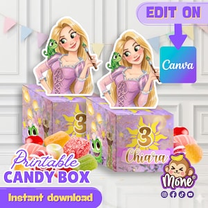 Può includere: Una scatola di caramelle stampabile con un personaggio dei cartoni animati dai lunghi capelli biondi in un vestito viola, un camaleonte verde e un emblema solare giallo con il numero 3 e il nome Chiara. Il design include caramelle colorate e testo.