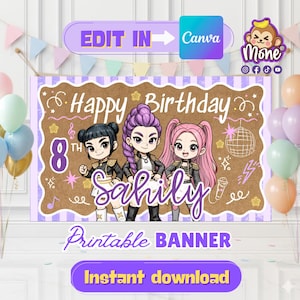 May include: A rectangular birthday banner featuring a brown textured background with a purple striped border. The text reads Happy Birthday 8th Sahily. Three cartoon characters in stage outfits are centered with disco ball and music icons.