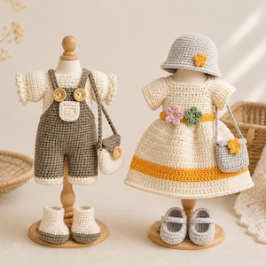 Op de afbeelding: Twee gehaakte outfits voor poppen. Eén is een crèmekleurige top met bruine tuinbroek, laarzen en een handtas. De andere is een crèmekleurige jurk met een gele streep, een hoed, schoenen en een handtas. Beide outfits hebben houten knopen.