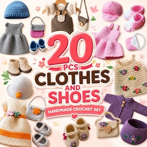 May include: A collection of 20 handmade crochet clothes and shoes for babies. The set includes dresses, hats, shoes, a purse, and a jacket in various colors like blue, gray, pink, and beige. The text on the image reads "20 PCS CLOTHES AND SHOES HANDMADE CROCHET SET."