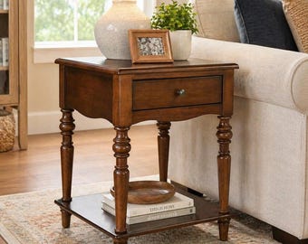 Solid Wood End Table with Storage Drawer Square 2 Tier Bedside Nightstand Side Table