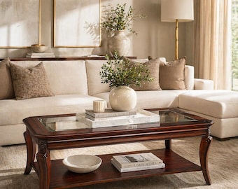 Rectangle Solid Wood Coffee Table with Glass Top Farmhouse Living Room Table with Shelf