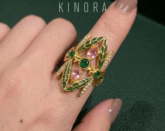 Dragonfly Cocktail Ring Gold | Green Enamel Pink CZ Statement Ring | Cute Boho Nature Ring for Women | Unique Party Finger Ring Gift