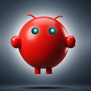 May include: A 3D rendered red character with a round body, small arms, and legs. It has two small antennae and glowing blue eyes. The character is set against a gradient grey background.