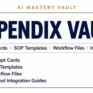 May include: A digital graphic titled AI MASTERY VAULT and APPENDIX VAULT in dark blue text. It lists Prompt Cards, SOP Templates, Workflow Files, and Integrations. The content includes 45 Prompt Cards, 10 SOP Templates, 12 Workflow Files, and Cross-Tool Integration Guides.