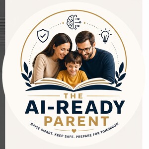 Könnte beinhalten: Rundes Grafikdesign mit einer Familie, die ein Buch liest. Der Text "THE AI-READY PARENT" ist fett dargestellt, mit dem Slogan "RAISE SMART. KEEP SAFE. PREPARE FOR TOMORROW." Das Design enthält Symbole für ein Gehirn, ein Häkchen und eine Glühbirne.
