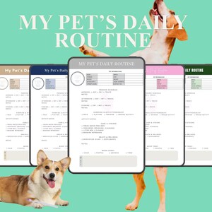 May include: A collection of pet daily routine planners in various colors, including beige, navy, and pink, with the text "MY PET'S DAILY ROUTINE". A corgi dog is in the foreground, holding a toothbrush.