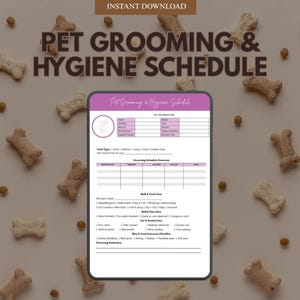 May include: A digital pet grooming and hygiene schedule template with a purple and white design. The template includes sections for pet information, grooming schedule overview, and checklists. Bone-shaped treats and brown dots are scattered around the template.