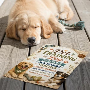 Può includere: Un cane golden retriever addormentato riposa su un ponte di legno accanto a un giocattolo per cani e a una stampa "Pet Training Log". La stampa include il testo "Dog Training Tracker" e "Digital Download".