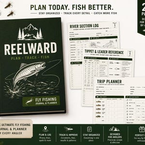 May include: A dark green fly fishing journal and planner titled REELWARD with a fish illustration on the cover. The set includes 28 pages with sections for river logs, tippet and leader references, and trip planners with printed text and charts.