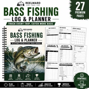 May include: A spiral-bound Bass Fishing Log & Planner with 27 premium pages. The cover features a leaping bass fish over water and text including Reelward, Bass Fishing Log & Planner, and Plan Smarter, Track Every Detail, Catch More Bass, Achieve Your Goals.
