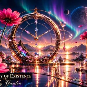 Pode incluir: Uma impressão de arte digital intitulada Symphony of Existence My Garden apresentando um grande relógio circular dourado cercado por flores rosas, um pôr do sol sobre montanhas e um céu estrelado com auroras boreais. O texto inclui Digital Download Only, 5 Files Included, High Resolution, For Personal Use Only e Print at Home.