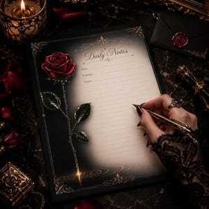 Op de afbeelding: Een Daily Notes-notitieblok met een donkere rand met gouden filigraanhoeken en een illustratie van een rode roos aan de linkerkant. Het crèmekleurige gelinieerde papier bevat velden voor Date, Priority en Notes, met een gouden pen op de pagina.