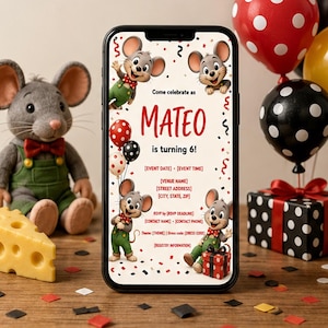 Puede incluir: Un teléfono inteligente muestra una invitación de cumpleaños digital para Mateo, quien cumple 6 años. La invitación presenta ratones de dibujos animados, globos de lunares rojos y negros, y confeti. El texto incluye detalles del evento.