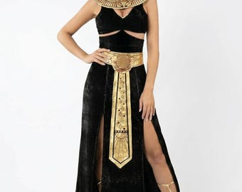 Vestido negro de Cleopatra, atuendo de diosa egipcia para Halloween, vestido largo de terciopelo con cuello dorado y doble abertura, ropa de cosplay de la reina del Nilo.