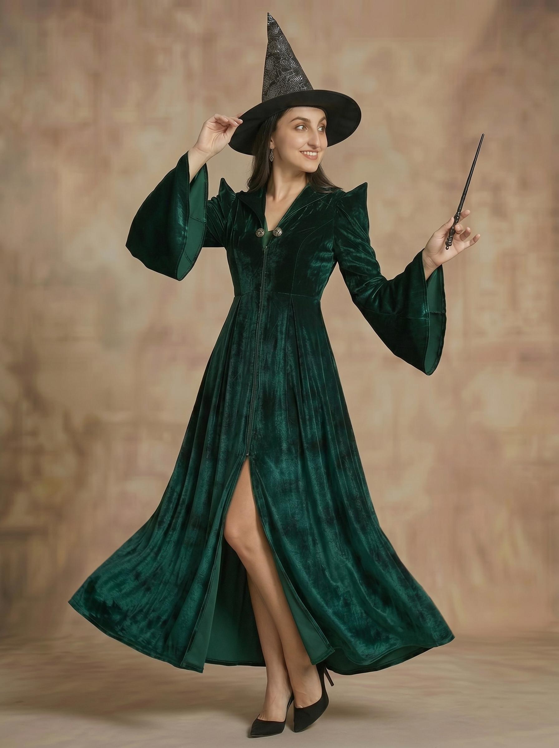 green velvet witch dress Dark Green Velvet Wizard Dress Women, Emerald Witch Gown, Medieval Elven  Cloak, Gothic Sorceress Robe, Renaissance Cosplay Outfit, Larp Suit