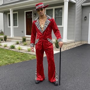 May include: A red velvet suit featuring a wide-brimmed hat, blazer, and flared trousers, all accented with zebra-print trim. The outfit includes a gold-tone chain necklace with a dollar sign pendant, gold-rimmed sunglasses, and a black walking cane.