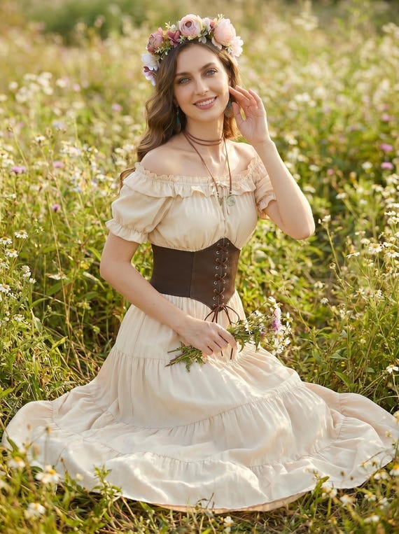beige pirate dress Renaissance Medieval Costume Women, Ren Faire Gown, Gothic Peasant Outfit, Steampunk Corset Belt, Cottagecore Smocked Maxi Dark Aesthetic Anime Girl pfid:FF3171-BPI Color:Witch Set sail as a
