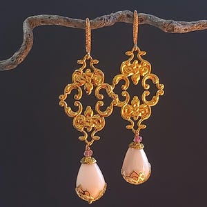 Baroque Chandelier Earrings: Victorian Gold Filigree, Artificial Pearl Dangles