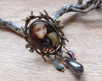 Gothic Vampire brooch, black moon, girl with black cat