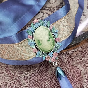 Victorian lady cameo, pastel Goth choker with hand painted pendant, Rococo necklace