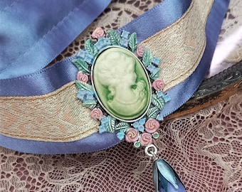 Victorian lady cameo choker, pastel Goth choker with hand painted pendant, Madame de Pompadour choker, Rococo necklace