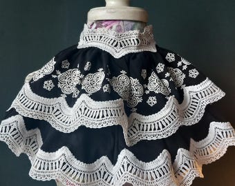 Black and white ruffle detachable jabot, Victorian style neck piece