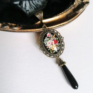 Victorian, Gothic style floral cameo necklace, Gothic black velvet choker with agate teardrop