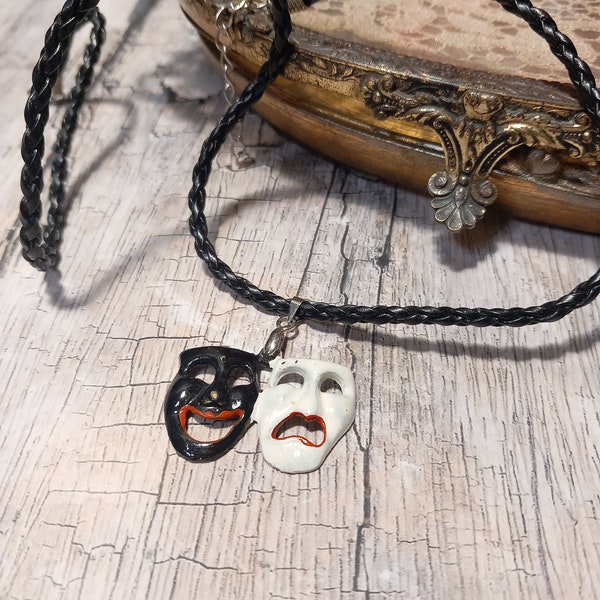 Comedy and Tragedy drama mask necklace, mysterious theatre necklace, black and white masquerade choker