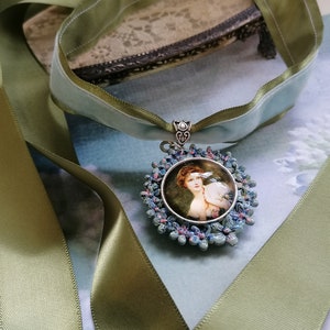 Victorian green velvet choker, romantic lady with rose cameo necklace, rococo choker