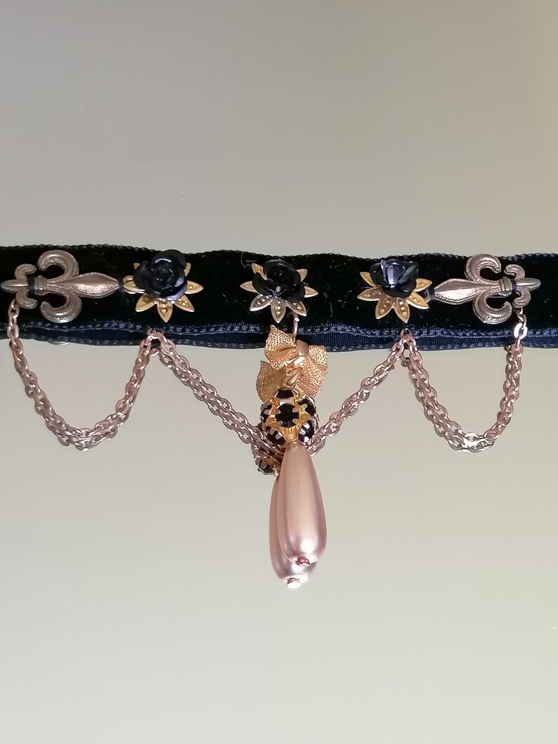 Baroque black and gold chained choker Victorian choker with pearl teardrop