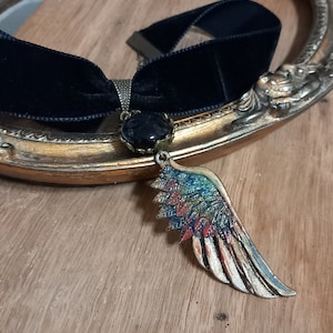 Gothic black velvet choker,teal green velvet and angel wing choker, raven, crow wing pendant, amulet necklace, Set with earrings