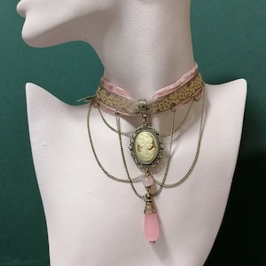 Victorian cameo choker, Dusty pink velvet ribbon and brocade necklace, cameo with teardrop