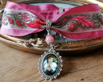 Romantische Renaissance Choker, fuchsia rosa Brokatband Halskette, grüne Samt Choker, Viktorianische Lady Cameo Choker