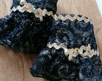 Lace wrist cuffs, ruffle cuffs bracelets, a pair of navy and gold Victorian cuffs, Costume party accessories