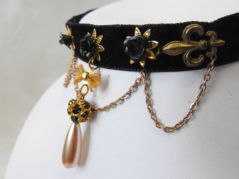 Baroque black and gold chained choker Victorian choker with pearl teardrop