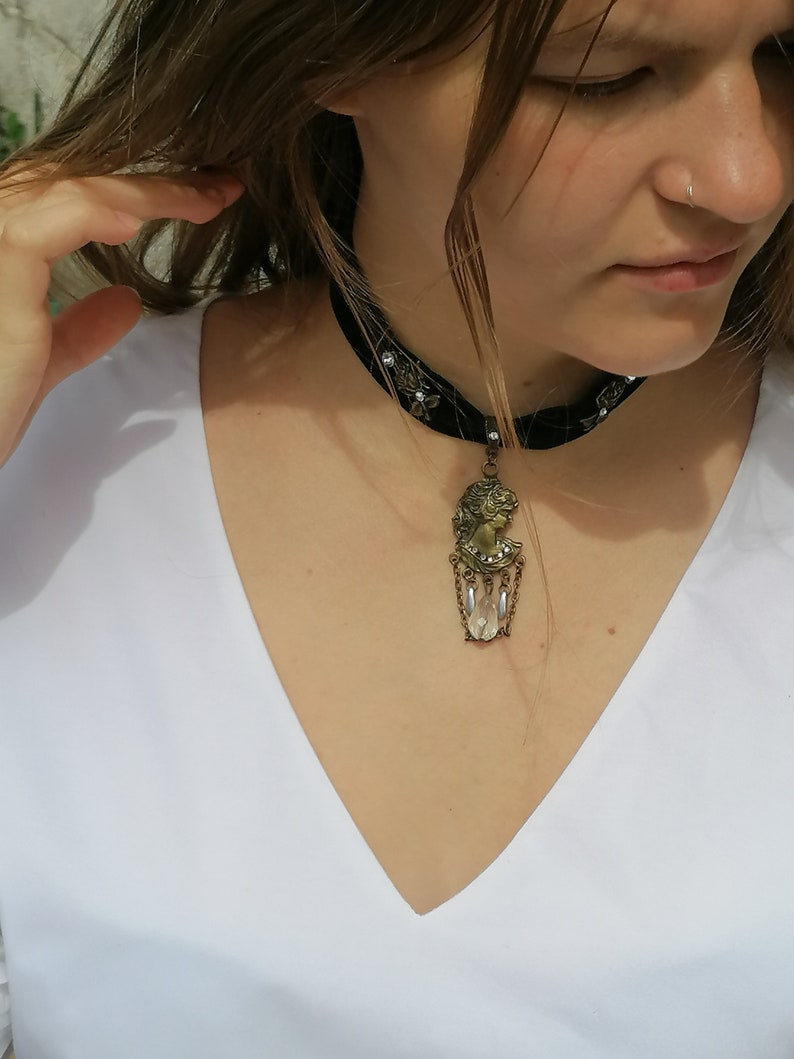 Baroque black and gold chained choker Victorian choker with pearl teardrop