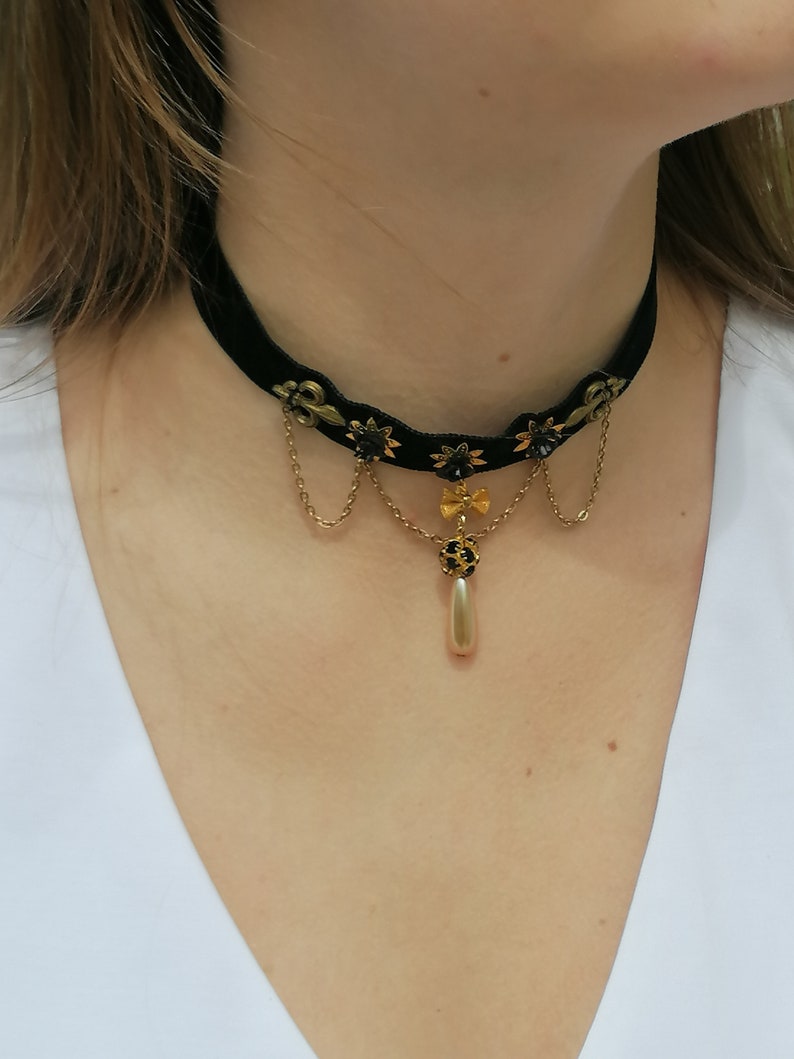 Baroque black and gold chained choker Victorian choker with pearl teardrop