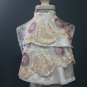 White satin jabbot,purple and creamy lace ruffle jabot, Renaissance jabot, Marie Antoinette style jabbot