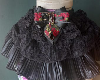 Victorian style black ruffled jabot, Gothic detachable layered neck collar with ribbon bow